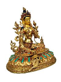 [green Tara], Buddhist Handmade Statue, [full Gold Plated], [stone Setting], [face Painted]