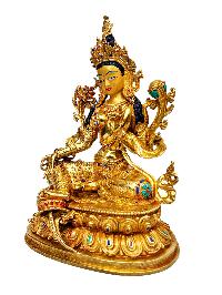 [green Tara], Buddhist Handmade Statue, [full Gold Plated], [stone Setting], [face Painted]