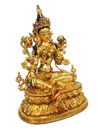 [green Tara], Buddhist Handmade Statue, [full Gold Plated], [stone Setting], [face Painted]