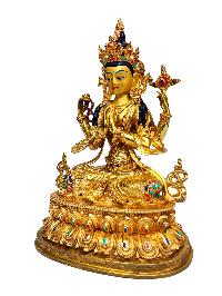 [chenrezig], Buddhist Handmade Statue, [full Gold Plated], [stone Setting], [face Painted]