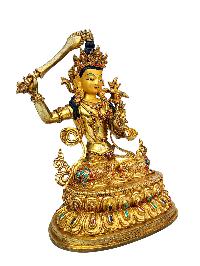 [manjushri] Or [manjushree], Buddhist Handmade Statue, [full Gold Plated], [stone Setting], [face Painted]
