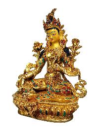 [green Tara], Buddhist Handmade Statue, [full Gold Plated], [stone Setting], [face Painted]