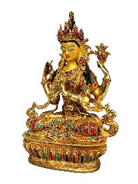 [chenrezig], Buddhist Handmade Statue, [full Gold Plated], [stone Setting], [face Painted]