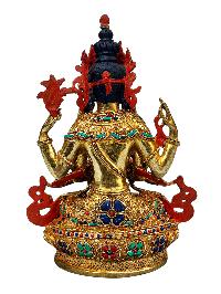 [chenrezig], Buddhist Handmade Statue, [full Gold Plated], [stone Setting], [face Painted]