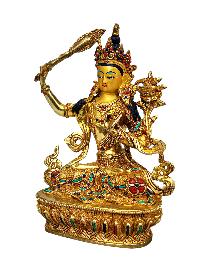 [manjushri], Buddhist Handmade Statue, [full Gold Plated], [stone Setting], [face Painted]