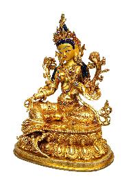 [green Tara], Buddhist Handmade Statue, [full Gold Plated], [stone Setting], [face Painted]