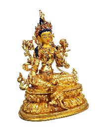 [green Tara], Buddhist Handmade Statue, [full Gold Plated], [stone Setting], [face Painted]