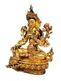 [green Tara], Buddhist Handmade Statue, [full Gold Plated], [stone Setting], [face Painted]
