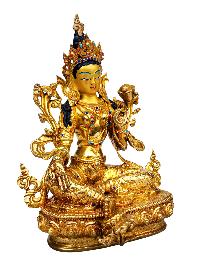 [green Tara], Buddhist Handmade Statue, [full Gold Plated], [stone Setting], [face Painted]