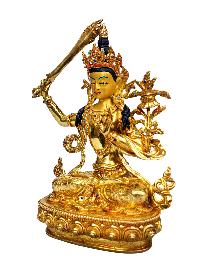 [manjushri], Buddhist Handmade Statue, [full Gold Plated], [stone Setting], [face Painted]