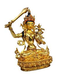 [manjushri], Buddhist Handmade Statue, [full Gold Plated], [stone Setting], [face Painted]