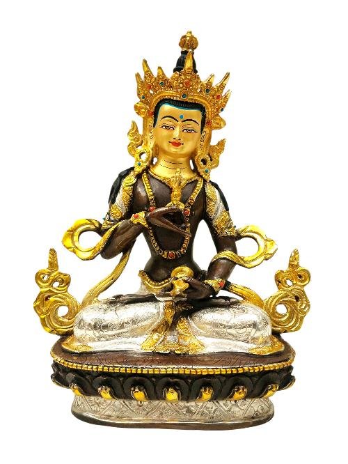 This 23cm tall Vajrasattva, Buddhist Handmade Statue, Chocolate And Silver Oxidized With Extra Gold Plated, Stone Setting, Face Painted (Product Code: HMS37002) weighs 1.33kg and is available at an offer price of US$180.