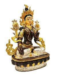 [white Tara], Buddhist Handmade Statue, [chocolate And Silver Oxidized With Extra Gold Plated], [stone Setting], [face Painted]