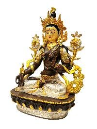 [white Tara], Buddhist Handmade Statue, [chocolate And Silver Oxidized With Extra Gold Plated], [stone Setting], [face Painted]