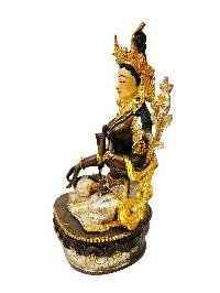 [white Tara], Buddhist Handmade Statue, [chocolate And Silver Oxidized With Extra Gold Plated], [stone Setting], [face Painted]