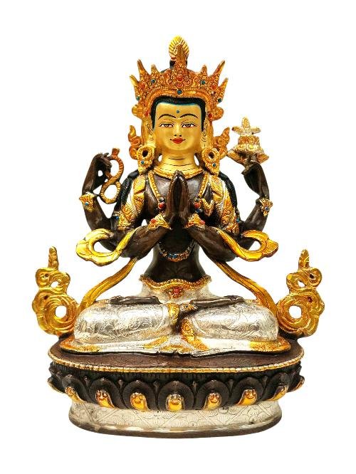 This 23cm tall Chenrezig, Buddhist Handmade Statue, Chocolate And Silver Oxidized With Extra Gold Plated, Stone Setting, Face Painted (Product Code: HMS37004) weighs 1.61kg and is available at an offer price of US$180.
