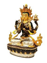 [chenrezig], Buddhist Handmade Statue, [chocolate And Silver Oxidized With Extra Gold Plated], [stone Setting], [face Painted]