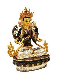 [chenrezig], Buddhist Handmade Statue, [chocolate And Silver Oxidized With Extra Gold Plated], [stone Setting], [face Painted]