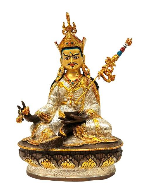 This 23cm tall Padmasambhava, Buddhist Handmade Statue, Chocolate And Silver Oxidized With Extra Gold Plated, Stone Setting, Face Painted (Product Code: HMS37005) weighs 1.28kg and is available at an offer price of US$180.