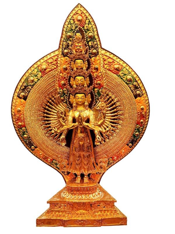 This 130cm tall 1000 Arms Sahasrabhuja Avalokitesvara, Buddhist Handmade Statue, Full Gold Plated, Face Painted (Product Code: HMS37007) weighs 83.13kg and is available at an offer price of US$1320.