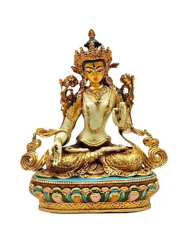 This 10cm tall White Tara. Buddhist Miniature Statue, Full Gold Plated, Thangka Color Finishing, Face Painted (Product Code: HMS37008) weighs 0.2kg and is available at an offer price of US$90.