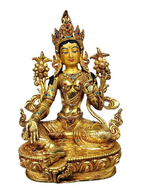 This 22cm tall Green Tara, Buddhist Handmade Statue, Full Fire Gold Plated, Face Painted (Product Code: HMS37012) weighs 1.43kg and is available at an offer price of US$800.