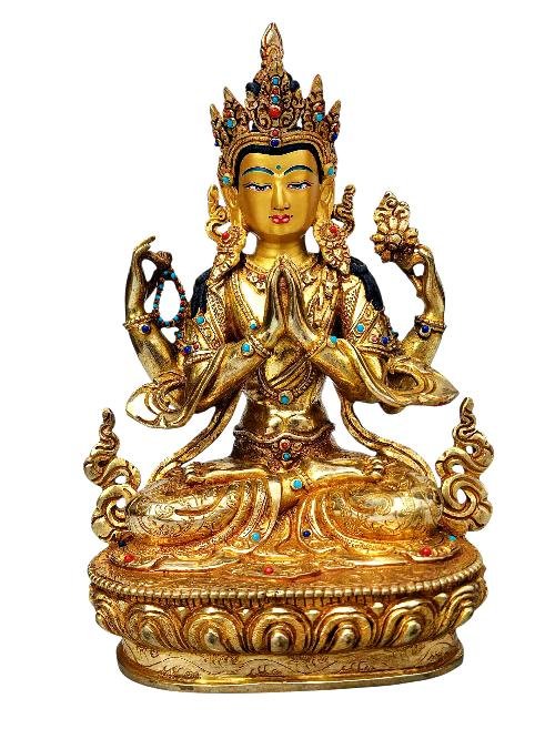 This 22cm tall Chenrezig, Buddhist Handmade Statue, Full Fire Gold Plated, Face Painted (Product Code: HMS37013) weighs 1.37kg and is available at an offer price of US$800.