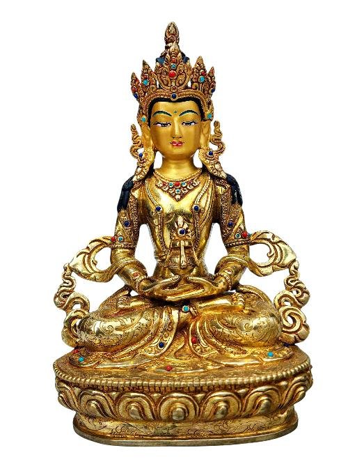 This 22cm tall Aparimita, Buddhist Handmade Statue, Full Fire Gold Plated, Stone Setting, Face Painted (Product Code: HMS37014) weighs 1.21kg and is available at an offer price of US$800.