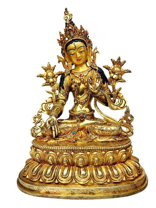 This 26cm tall White Tara On Double Base, Buddhist Handmade Statue, Full Fire Gold Plated, Face Painted (Product Code: HMS37018) weighs 2.19kg and is available at an offer price of US$800.