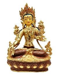 [white Tara], Buddhist Handmade Statue, [partly Gold Plated], [stone Setting], [face Painted]