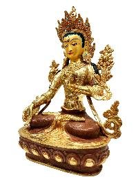 [white Tara], Buddhist Handmade Statue, [partly Gold Plated], [stone Setting], [face Painted]