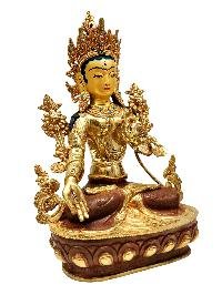[white Tara], Buddhist Handmade Statue, [partly Gold Plated], [stone Setting], [face Painted]