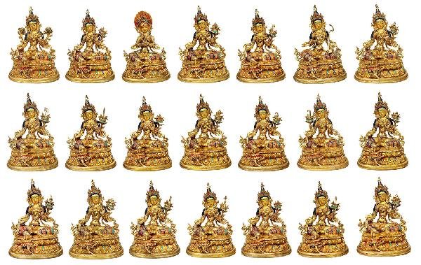 This 26cm tall Premium Quality, 21 Tara On Double Lotus Base Set, Full Gold Plated, Stone Setting, Face Painted (Product Code: HMS37020) weighs 43.38kg and is available at an offer price of US$18900.