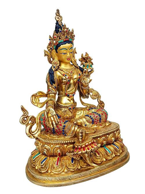 [premium Quality], [21 Tara] On Double Lotus Base Set, [full Gold Plated], [stone Setting], [face Painted]