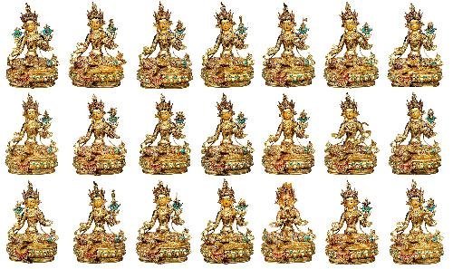 This 37cm tall 21 Tara Set, Buddhist Handmade Statue, Full Gold Plated, Stone Setting, Face Painted (Product Code: HMS37022) weighs 98.35kg and is available at an offer price of US$35700.