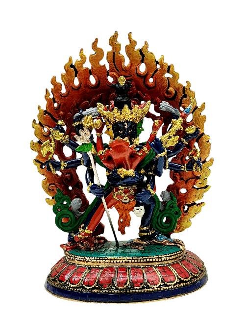 This 15cm tall Chakrasamvara, Buddhist Miniature Statue, Thangka Color Finishing, Stone Setting (Product Code: HMS37023) weighs 0.6kg and is available at an offer price of US$240.