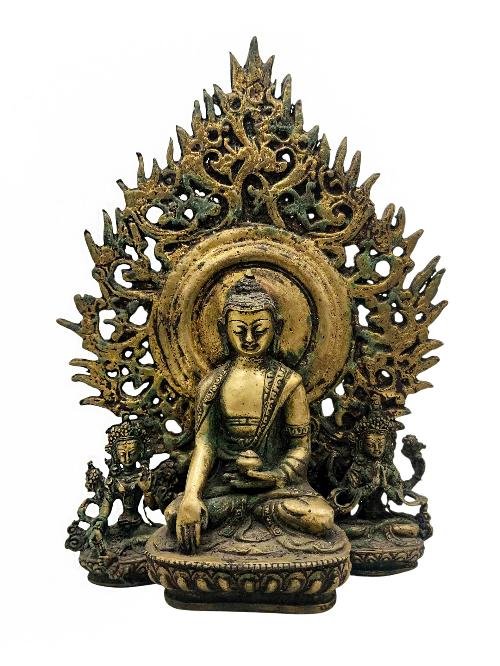 This 25cm tall Shakyamuni Buddha With Green Tara And Chenrezig, Buddhist Handmade Statue, Antique Finishing (Product Code: HMS37024) weighs 1.95kg and is available at an offer price of US$330.