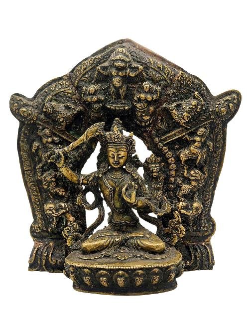 This 23cm tall Manjushri With Various God In Background, Buddhist Handmade Statue, Antique Finishing (Product Code: HMS37025) weighs 1.95kg and is available at an offer price of US$330.