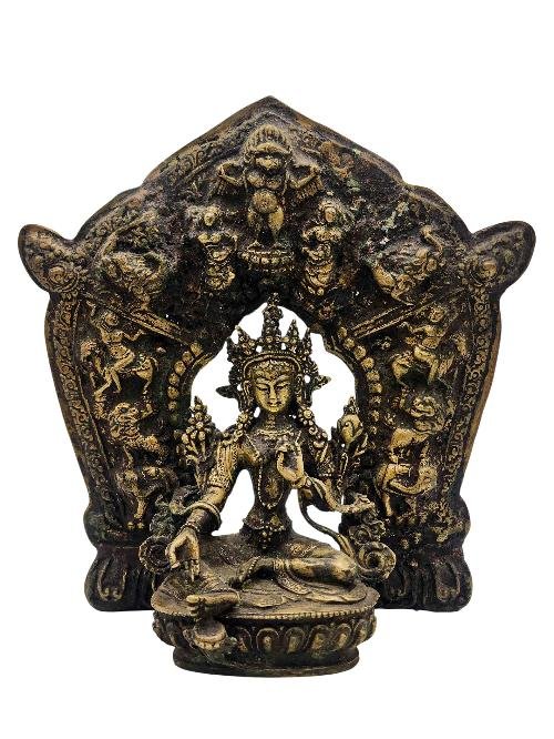 This 23cm tall Green Tara, With Various God In Background, Buddhist Handmade Statue, Antique Finishing (Product Code: HMS37026) weighs 1.65kg and is available at an offer price of US$330.