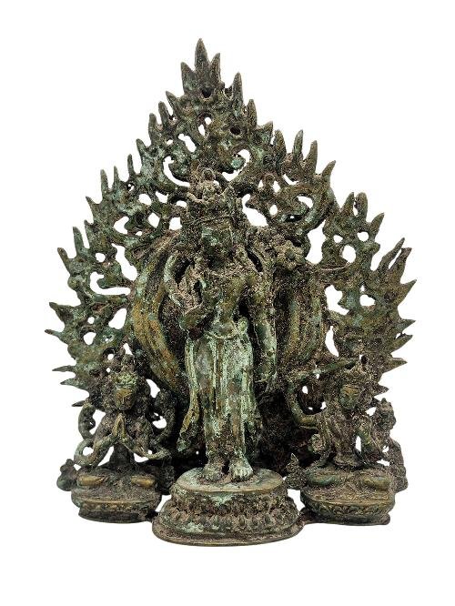 This 23cm tall Padmapani Lokeshvara, With Chenrezig And Manjushri, Buddhist Handmade Statue, Antique Finishing (Product Code: HMS37027) weighs 1.5kg and is available at an offer price of US$286.