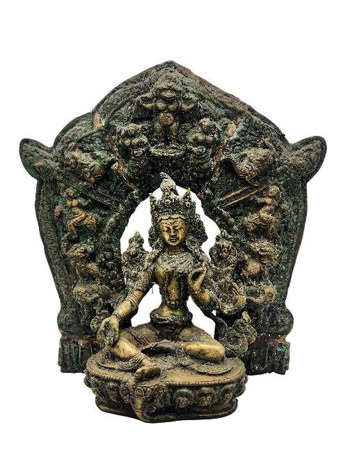 This 23cm tall Green Tara, With Various God In Background, Buddhist Handmade Statue, Antique Finishing (Product Code: HMS37028) weighs 2.02kg and is available at an offer price of US$330.