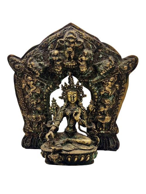 This 23cm tall Green Tara With Various God In Background, Buddhist Handmade Statue, Antique Finishing (Product Code: HMS37039) weighs 1.74kg and is available at an offer price of US$330.