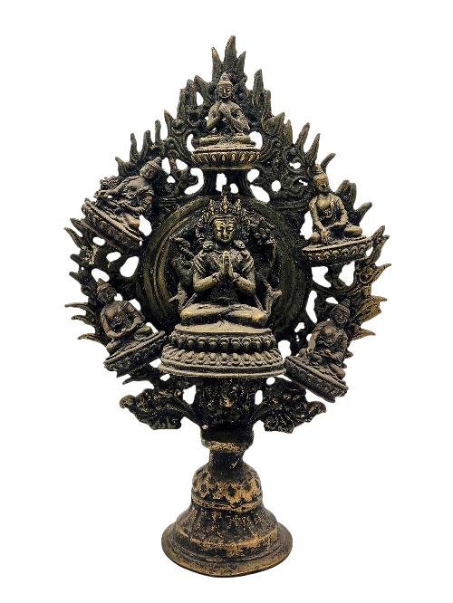 This 29cm tall Chenrezig With Pancha Buddha, Buddhist Handmade Statue With Oil Lamp, Antique Finishing (Product Code: HMS37041) weighs 1.75kg and is available at an offer price of US$330.