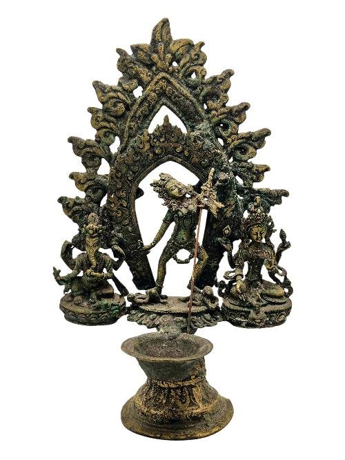 This 27cm tall Vajrayogini With Ganesh And Lakshmi, Buddhist Handmade Statue With Oil Lamp, Antique Finishing (Product Code: HMS37042) weighs 1.39kg and is available at an offer price of US$330.