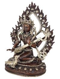 thumb1-Saraswati Statue Handmade Buddhist Sculpture, Chocolate Oxidized, Silver Plated