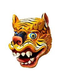 thumb3-Artisan Tiger Head Wooden Mask, Tibetan Style Craft, Poplar Wood, Classic Traditional Colors