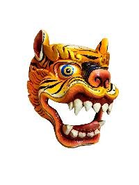 thumb1-Decorative Tiger Head Wooden Mask, Tibetan Art Design, Carved Poplar Wood, Traditional Finish