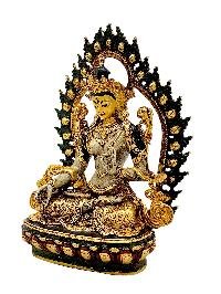 [white Tara], Buddhist Miniature Statue, [partly Gold Plated Finish], [thangka Color Finish], [hand Painted Face]