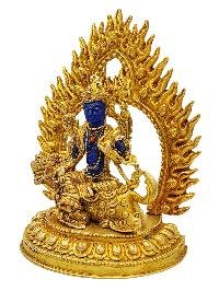 [simhanada Lokeshvara], Buddhist Miniature Statue, [full Gold Plated Finish], [stone Setting], [lapis Inlay]