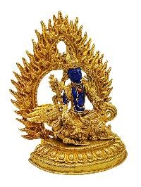 [simhanada Lokeshvara], Buddhist Miniature Statue, [full Gold Plated Finish], [stone Setting], [lapis Inlay]